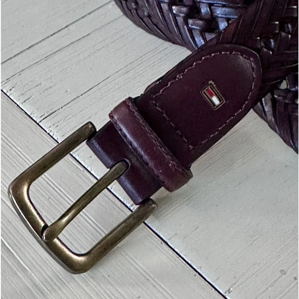 Tommy Hilfiger braided brown leather trim belt. Brass buckle